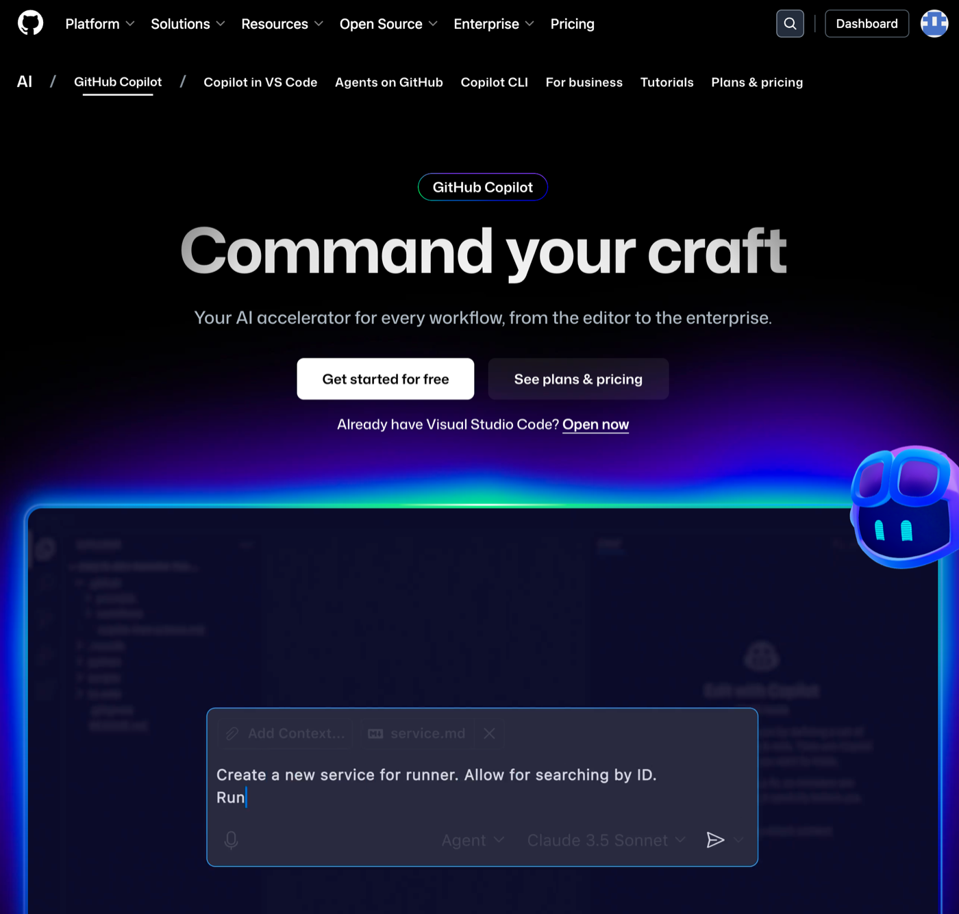Screenshot of GitHub Copilot landing page