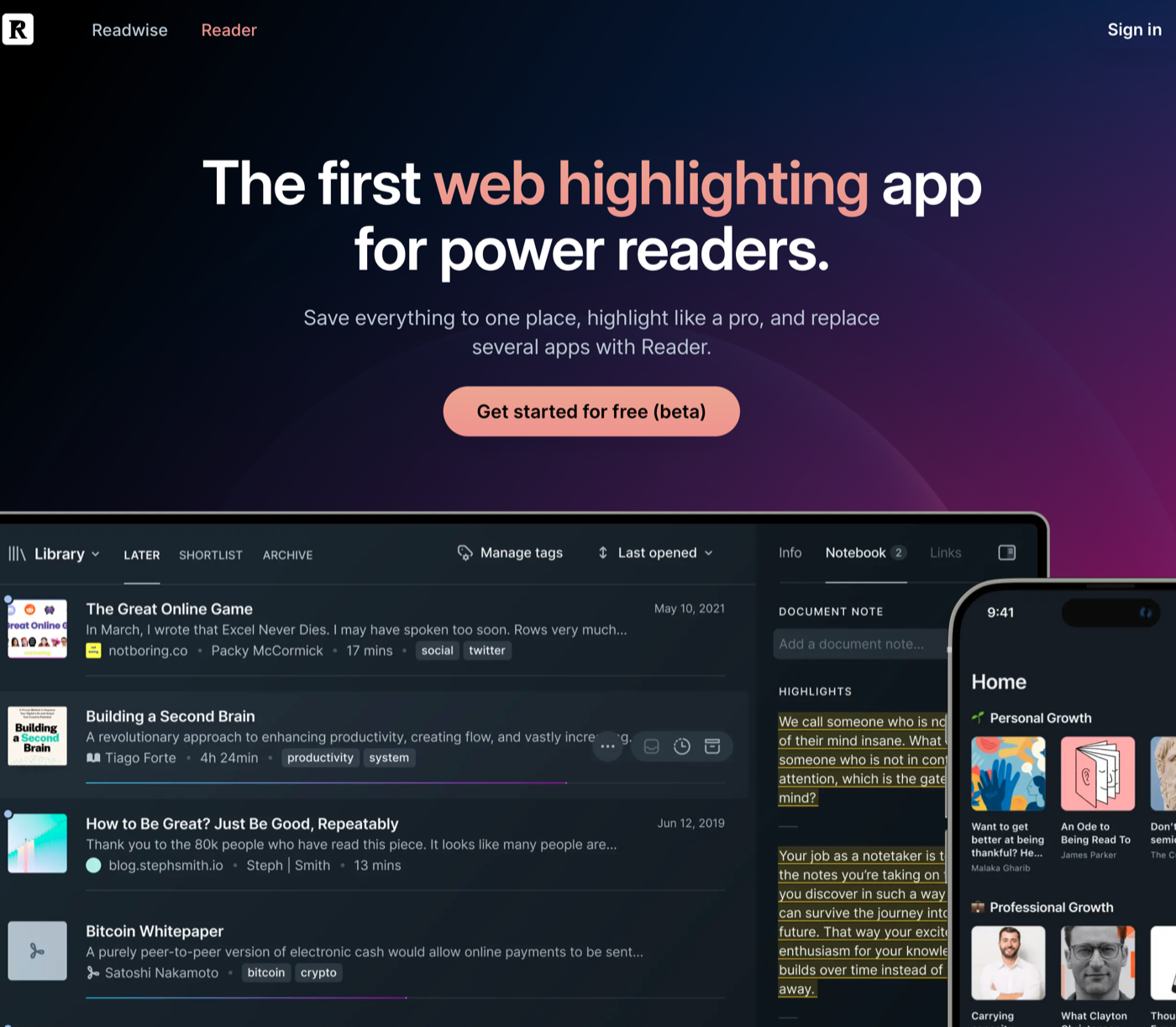 Screenshot of Readwise landing page