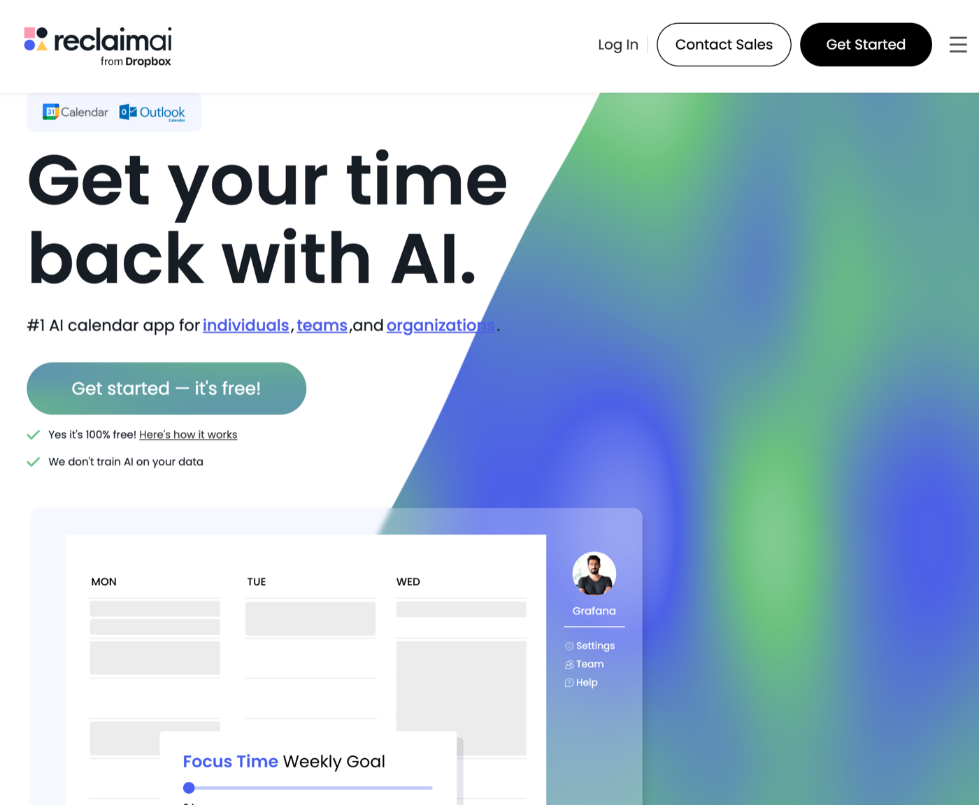 Screenshot of Reclaim landing page